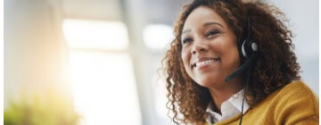 Young African woman, call center agent or listen on VOIP headset with mockup space, lens flare or contact. Girl, customer experience call center, service or tech support CRM with smile, headphones or microphone at help desk.
