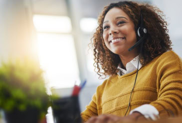 Young African woman, call center agent or listen on VOIP headset with mockup space, lens flare or contact. Girl, customer experience call center, service or tech support CRM with smile, headphones or microphone at help desk.