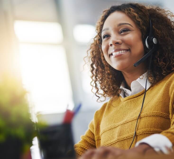 Young African woman, call center agent or listen on VOIP headset with mockup space, lens flare or contact. Girl, customer experience call center, service or tech support CRM with smile, headphones or microphone at help desk.