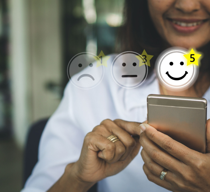 Smiling face of customer rating a company highly - call center jobs in Tijuana.