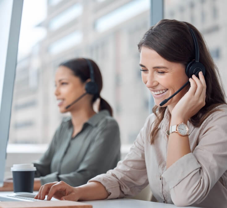 Call center, smile and business woman consulting for crm, contact us and telemarketing in office. Happy, customer service and female consultant with friendly service in online help, support or advice.