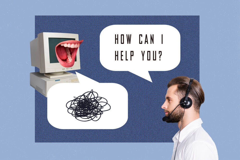 Illustration portrays a young male call center worker calmly responding to an angry yelling mouth on the computer.