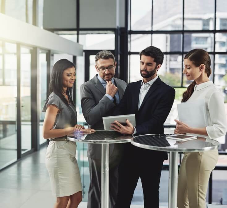 People, business and tablet in office with collaboration, meeting and agenda for company project. Networking for professionals in Tijuana call center with teamwork.