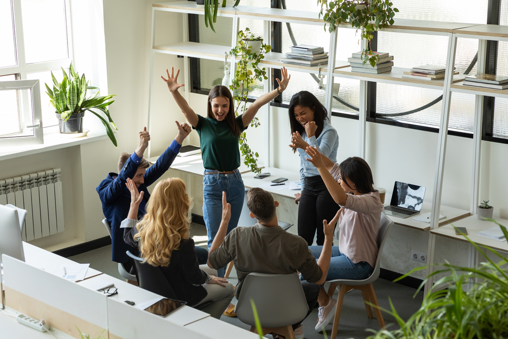 Call center workers, happy and celebration for success in office with company, teamwork, employees and support or trading achievement with night and excited in boardroom.