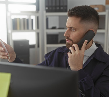 Call center agent applying a detective mindset while examining clues and speaking on the phone to solve customer problems-1