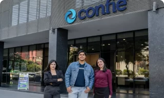 Tres empleados están de pie frente a la entrada de una oficina de Confie.