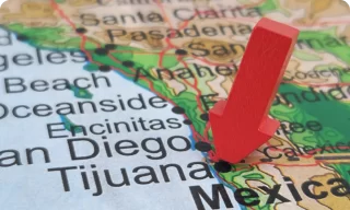 Red pushpin marking Tijuana on a map of Mexico and southern California